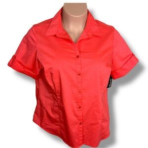 New XL George Coral Red/orange Button Up Top Women’s Cuffed Short Sleeve Stretch